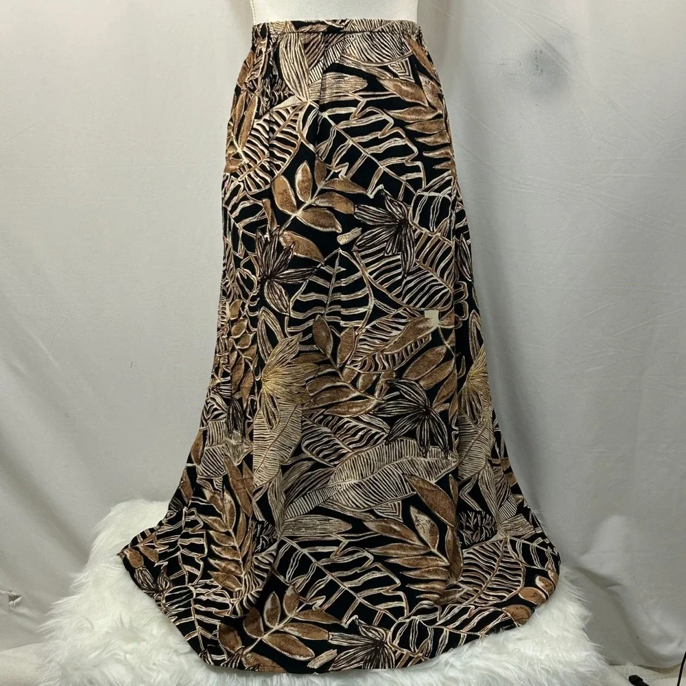 Laura Ashley Maxi Skirt Size 12 Black‎ Brown Tan Floral Leaf Print Long